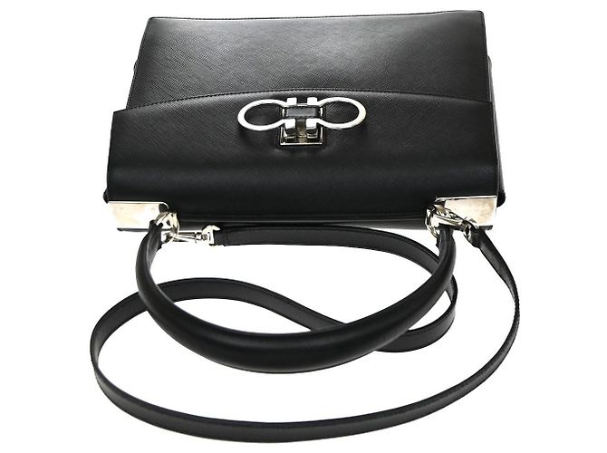 Salvatore Ferragamo Double Gancini Top Handle Saffiano Leather Small Nero - vista 7