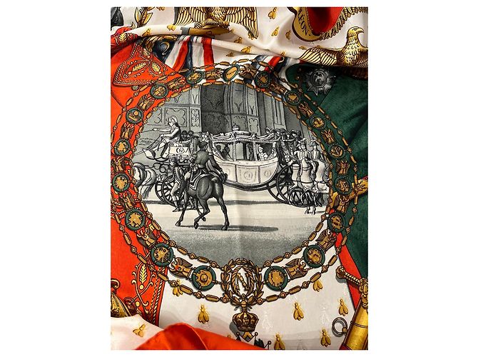 Hermès Pañuelo de seda Napoléon Castaño Negro Blanco Roja Verde Naranja Gold hardware - vista 7