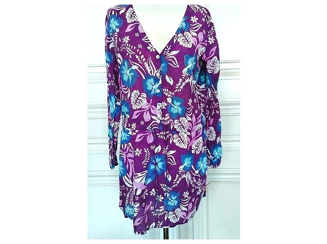 Antik Batik Hibiscus Baumwollkleid Lila - Ansicht 2