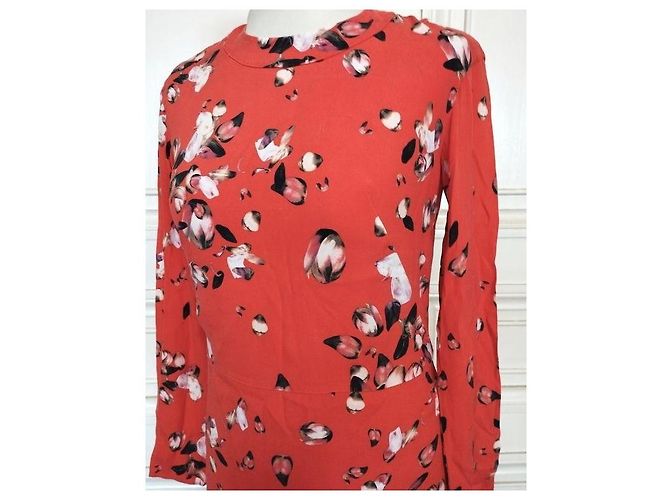 Cacharel Vestido de Seda Preppy Estampado Floral Negro Blanco Roja - vista 12