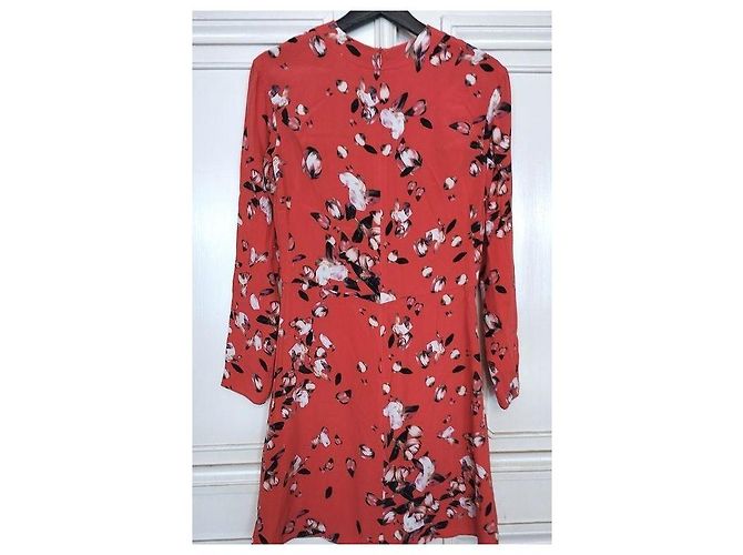 Cacharel Vestido de Seda Preppy Estampado Floral Negro Blanco Roja - vista 2