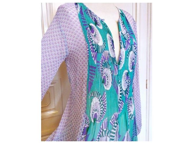 Antik Batik Preppy Folk Seidenvoile Maxikleid Weiß Grün Lila - Ansicht 12