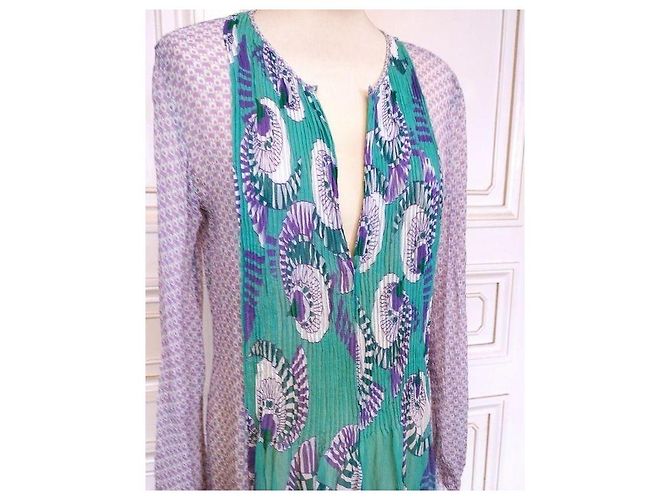 Antik Batik Preppy Folk Seidenvoile Maxikleid Weiß Grün Lila - Ansicht 14