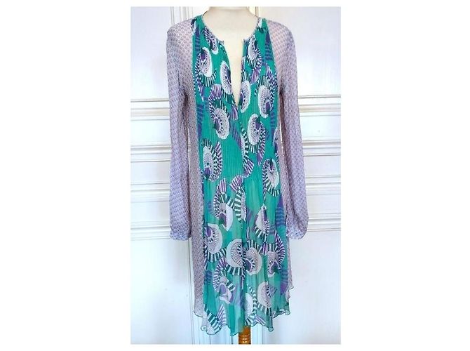 Antik Batik Preppy Folk Seidenvoile Maxikleid Weiß Grün Lila - Ansicht 2