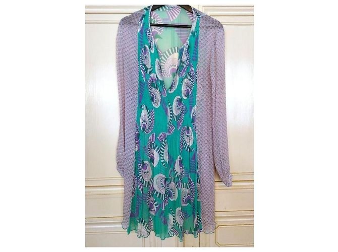 Antik Batik Preppy Folk Seidenvoile Maxikleid Weiß Grün Lila - Ansicht 3