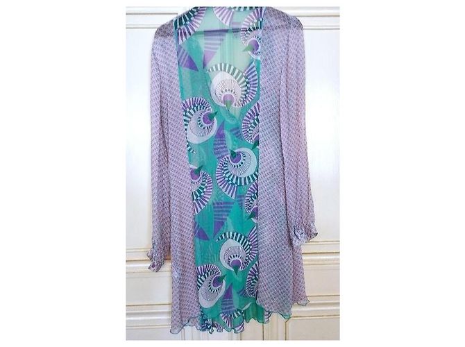 Antik Batik Preppy Folk Seidenvoile Maxikleid Weiß Grün Lila - Ansicht 4