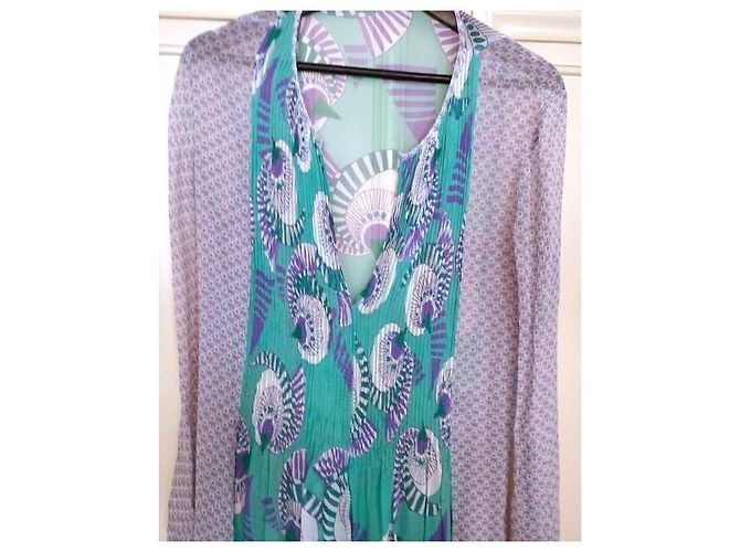 Antik Batik Preppy Folk Seidenvoile Maxikleid Weiß Grün Lila - Ansicht 6