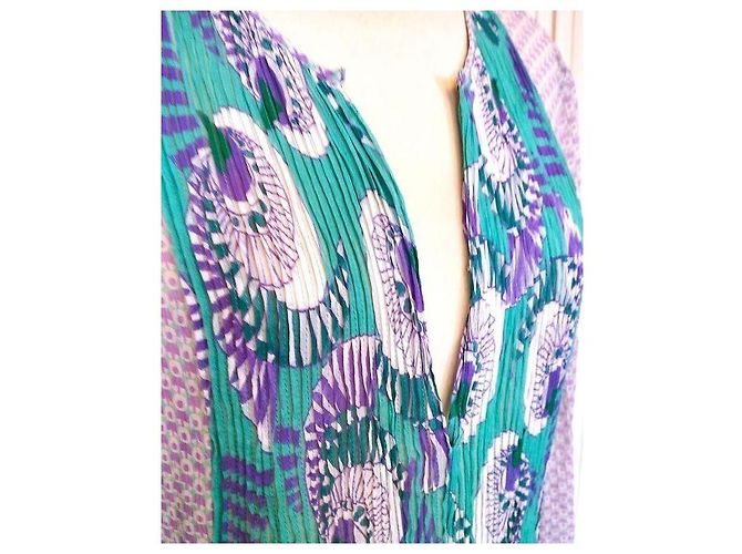 Antik Batik Preppy Folk Seidenvoile Maxikleid Weiß Grün Lila - Ansicht 7