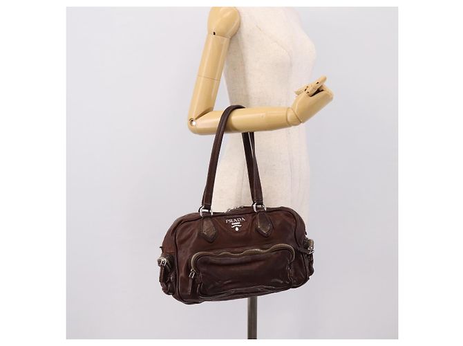 Sac à main PRADA en cuir marron argent BR2804 Auth am12375V Argenté - vue 26