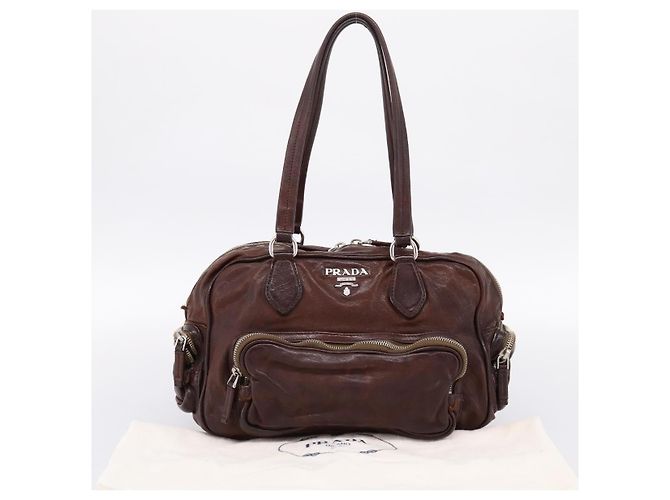 Sac à main PRADA en cuir marron argent BR2804 Auth am12375V Argenté - vue 27