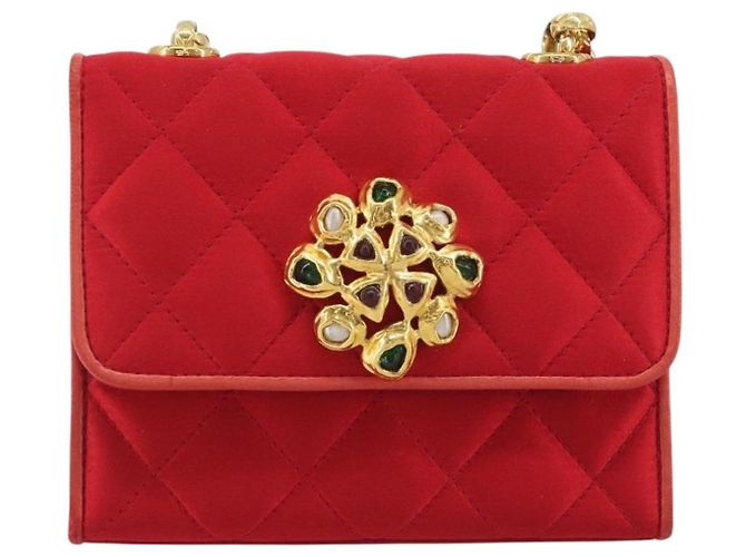 Borsa a tracolla CHANEL Matelasse Chain Gribois Raso Rosso Gold CC Auth 195020 D'oro - vista 2