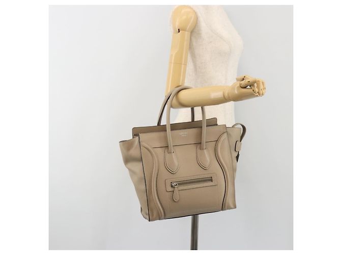 Céline CELINE Luggage Micro Shopper Hand Bag Leather Beige Silver Auth 196658V Plata - vista 25