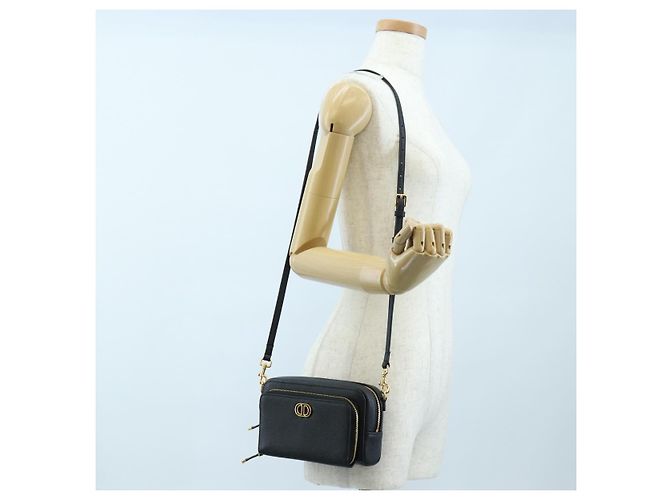 Christian Dior Karo Double Pouch Shoulder Bag Leather Black Gold Auth 203485M Golden - view 23