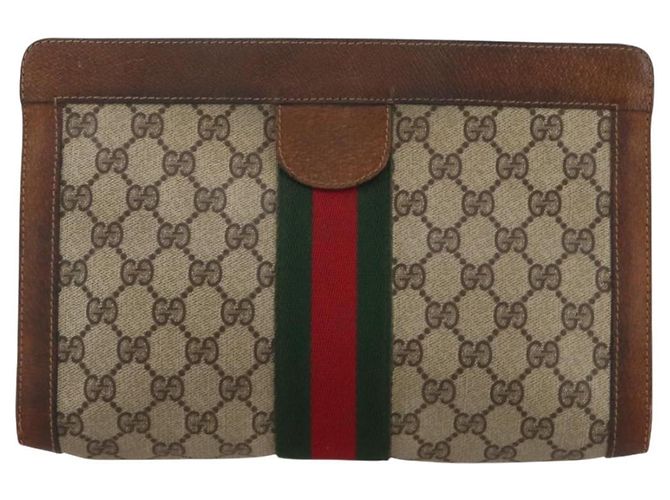 Borsa a pochette GUCCI GG Supreme Web Sherry Line PVC Beige Auth 205187 - vista 2