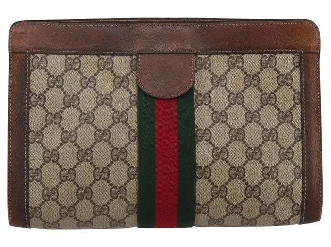 Borsa a pochette GUCCI GG Supreme Web Sherry Line PVC Beige Auth 205187 - vista 3