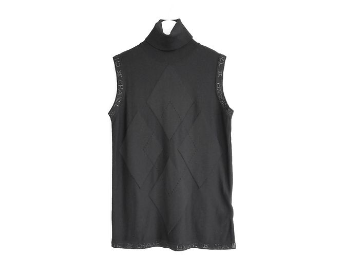 Chanel Sport Ärmelloser Wollpullover mit Logo-Besatz Herbst 2007 Schwarz - Ansicht 2