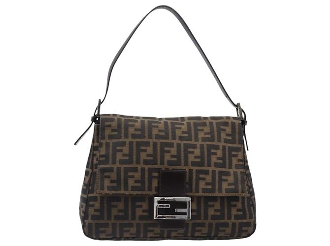 Borsa a tracolla FENDI Zucca Canvas Mamma Baguette Marrone Nero Auth am12622V - vista 2