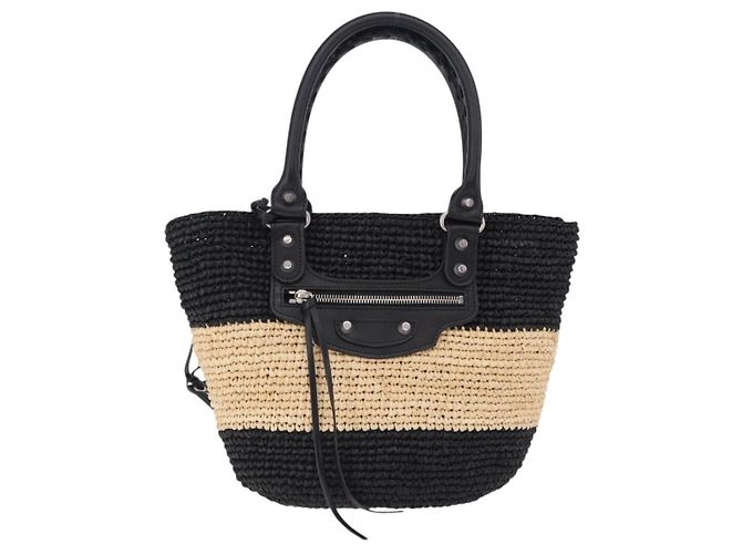 Borsa a mano BALENCIAGA Pannier XS in rafia nera e argento 466498 Auth 196622A Nero - vista 2