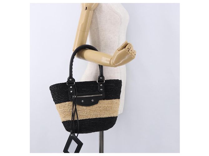 Borsa a mano BALENCIAGA Pannier XS in rafia nera e argento 466498 Auth 196622A Nero - vista 22