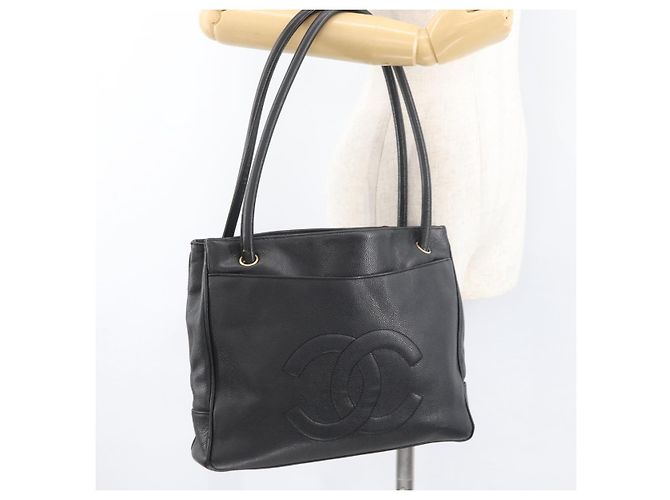 Borsa Tote CHANEL Pelle Caviar Nero Oro CC Auth bs35194 D'oro - vista 24