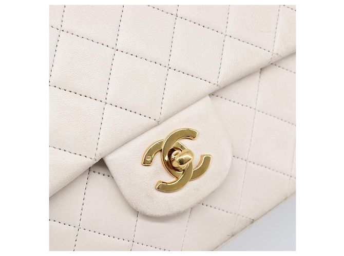 Borsa CHANEL Matelasse Double Flap Chain Bag Lamb Skin White Gold CC Auth 201534 Bianco D'oro - vista 19