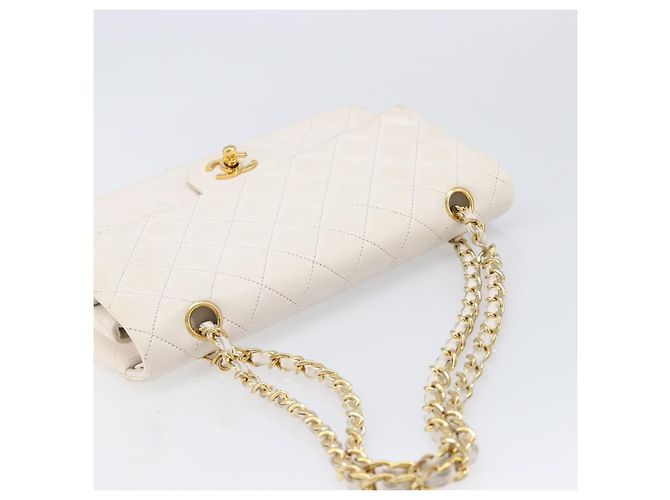 Borsa CHANEL Matelasse Double Flap Chain Bag Lamb Skin White Gold CC Auth 201534 Bianco D'oro - vista 7