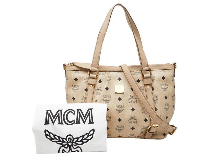 Borsa a mano e a tracolla MCM Visetos in pelle beige - vista 11