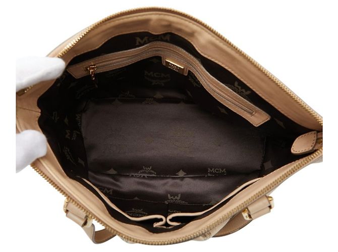 Borsa a mano e a tracolla MCM Visetos in pelle beige - vista 8