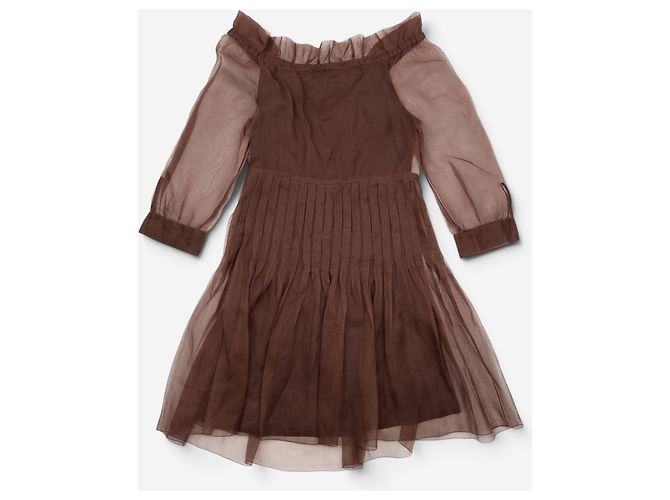 Prada SS08 Plissiertes Chiffon-Tüll Midikleid Braun - Ansicht 2