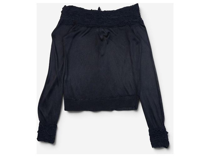 Autre Marque YSL Rive Gauche by Tom Ford 2000er gerafftes Spitzenstrick-Langarmshirt Schwarz - Ansicht 2