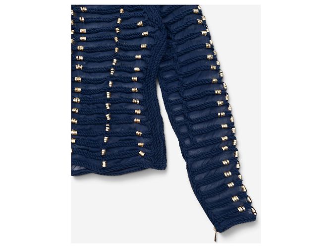 Blusa a maniche lunghe Balmain x H&M SS15 blu navy con ricami a corda - vista 4