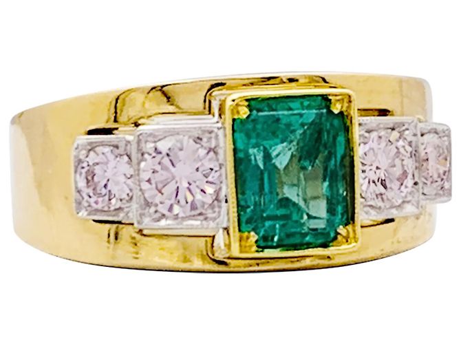 Autre Marque Zweifarbiger Goldbandring, Smaragd und Diamanten. - Ansicht 2