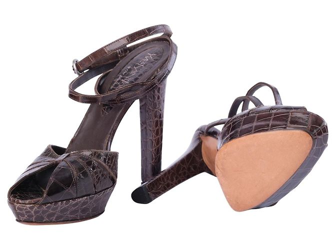 Autre Marque Sandali platform Yves Saint Laurent Rive Gauche marroni effetto croc Marrone - vista 3