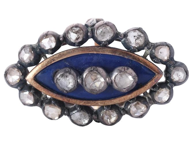 Autre Marque Anel Navette em Esmalte Azul Antigo e Diamantes Brilhantes Brancos Prata - vista 2