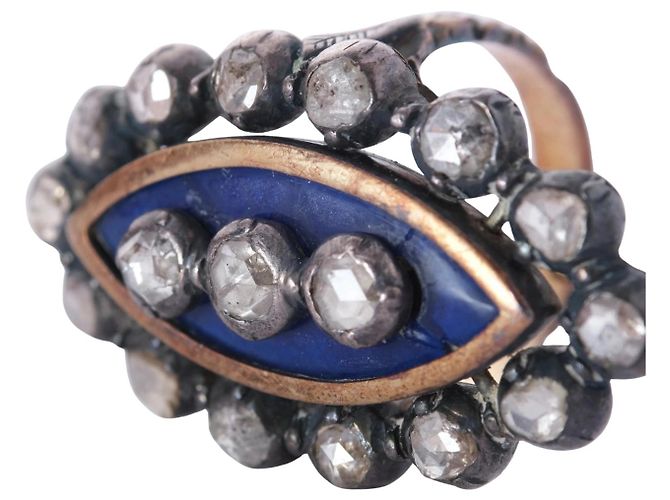 Autre Marque Anel Navette em Esmalte Azul Antigo e Diamantes Brilhantes Brancos Prata - vista 3