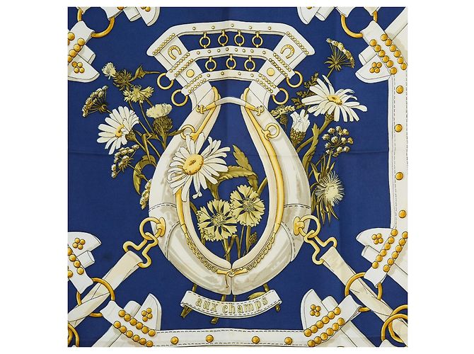 Hermès Carré 90 Seta Aux Champs Blu Navy Bianco D'oro - vista 2