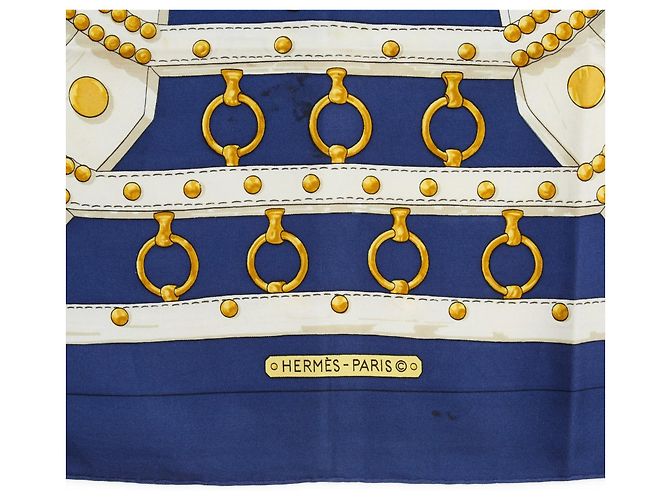 Hermès Carré 90 Seta Aux Champs Blu Navy Bianco D'oro - vista 3