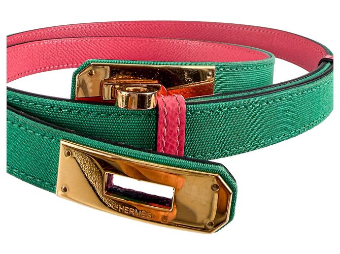 Hermès Kelly 18 Leder & Toile Officier und Epsom Leder. Dünner Gürtel bis 95 Bicolor Mehrfarben - Ansicht 4