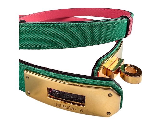 Hermès Kelly 18 Leder & Toile Officier und Epsom Leder. Dünner Gürtel bis 95 Bicolor Mehrfarben - Ansicht 9