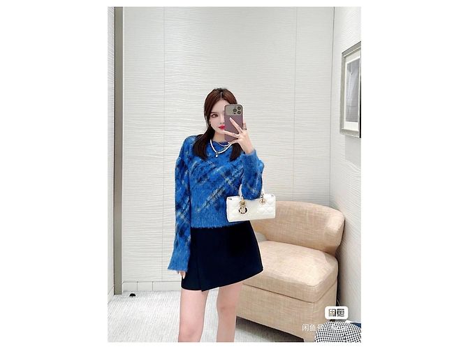 Autre Marque Dior Strickpullover aus Wolle Blau mit Bienenstickerei Mehrfarben - Ansicht 6