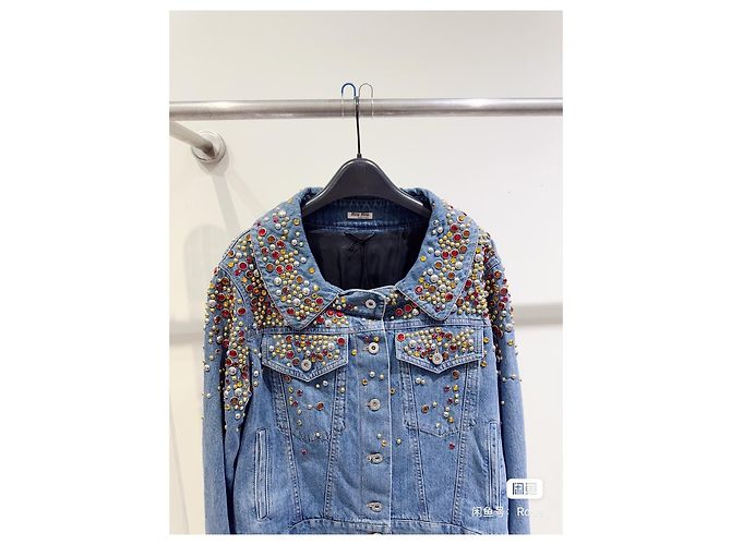 Miu Miu Jeansjacke Blau mit Kristallen Mehrfarben - Ansicht 3