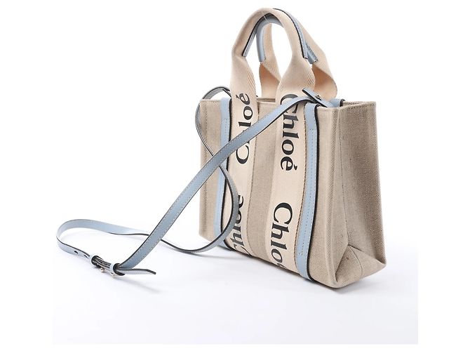 Bolso de mano 2Way Chloé Woody Small de lona y cuero Beige x Blue - vista 2