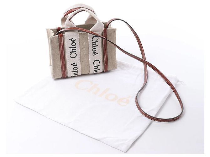 Borsa a mano 2Way Chloé Woody Mini in tela e pelle Beige x Brown - vista 14