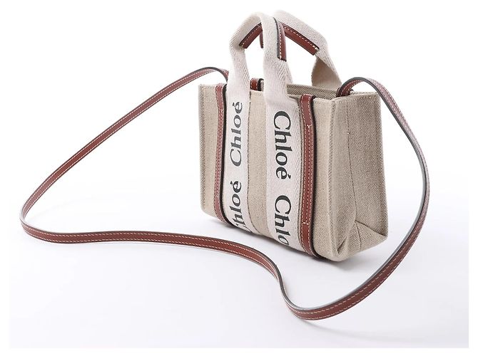 Borsa a mano 2Way Chloé Woody Mini in tela e pelle Beige x Brown - vista 2
