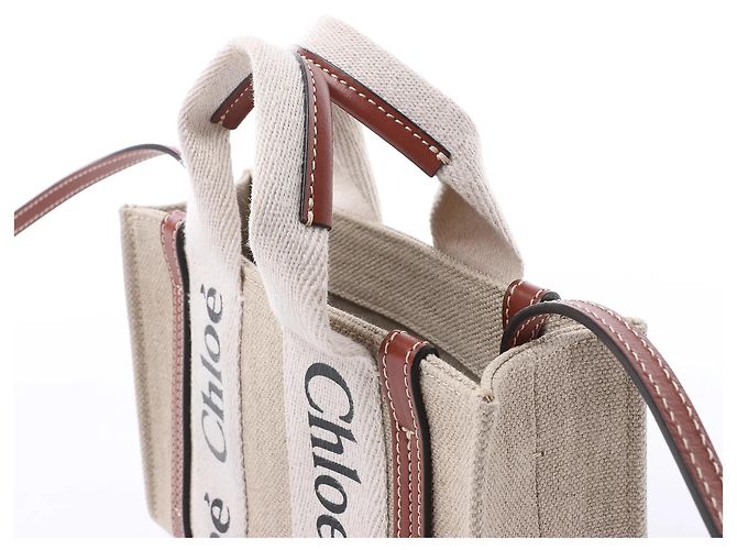 Borsa a mano 2Way Chloé Woody Mini in tela e pelle Beige x Brown - vista 3