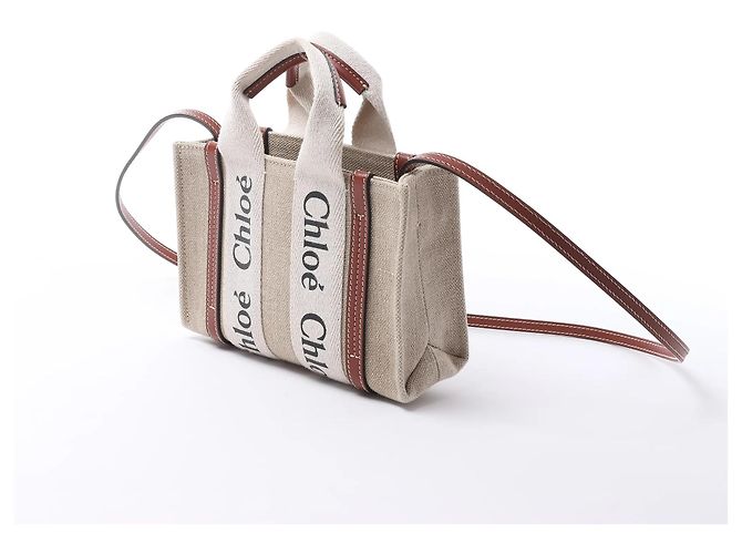 Borsa a mano 2Way Chloé Woody Mini in tela e pelle Beige x Brown - vista 4