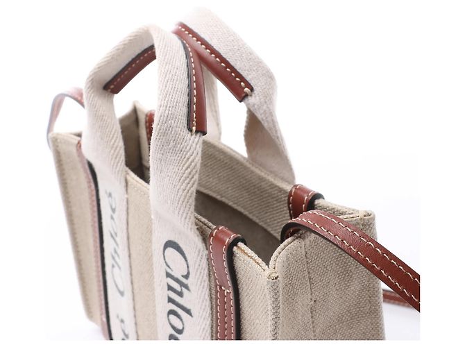 Borsa a mano 2Way Chloé Woody Mini in tela e pelle Beige x Brown - vista 5