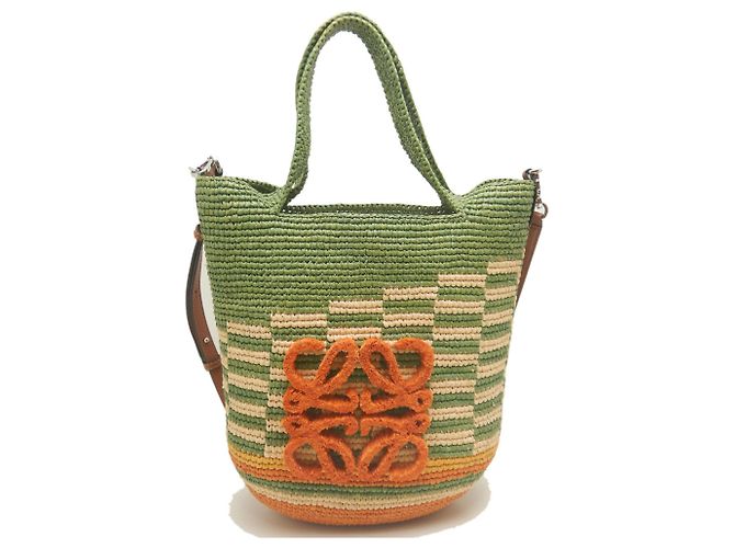 Sac Mini Tote Loewe Slit en raphia et cuir de veau Beige Kaki - vue 2