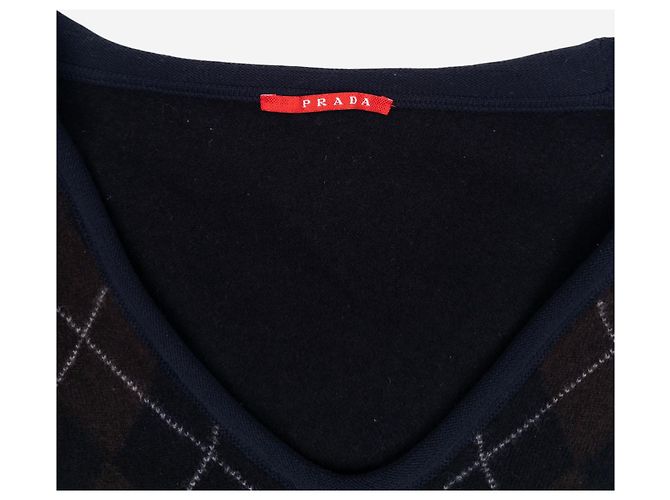 Pull en maille col en V à motifs Argyle Prada AW03 Bleu Marine - vue 3