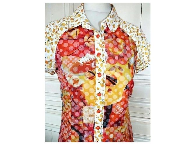 Autre Marque Anatopik Abito Camicia Corto con Stampa Agrumi e Pois Rosa Rosso Multicolore Beige Arancione Giallo - vista 12